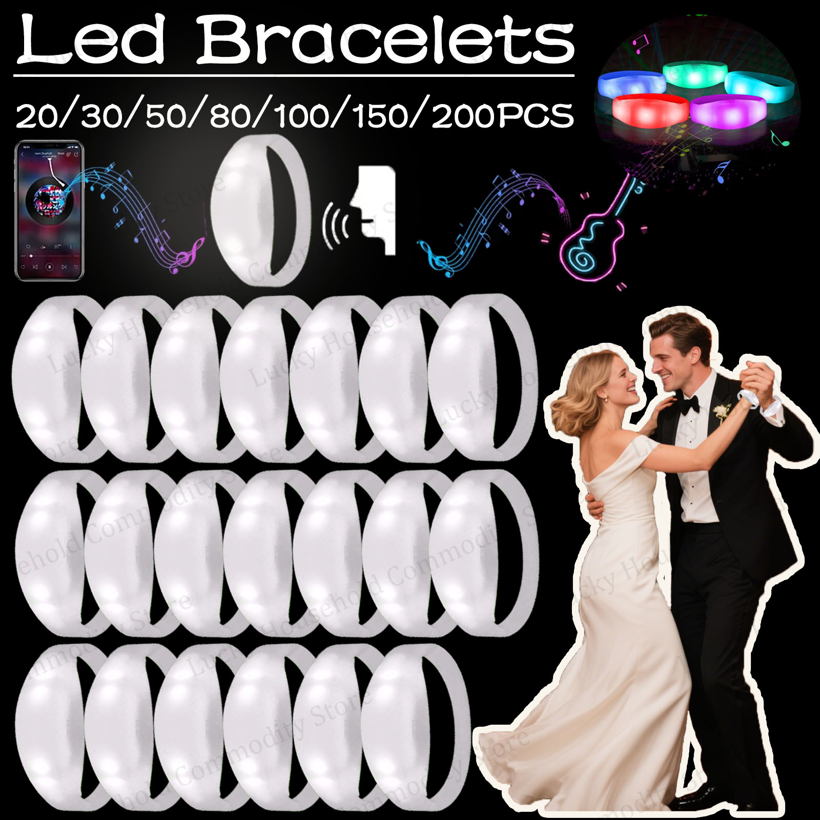 Audio Music Light - 20-100 ชิ้น กำไลข้อมือ LED แบบเรืองแสง ตอบสนองต่อเสียงเพลง
