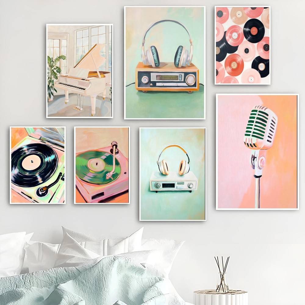 Audio Music Wallpaper - โปสเตอร์กระดาษลายเครื่องเสียงวินเทจ วาดด้วยมือ ลายเครื่องเล่นแผ่นเสียง วิทยุคลาสสิก อุปกรณ์ดนตรี ของตกแต่งผนังสำหรับวัยรุ่น