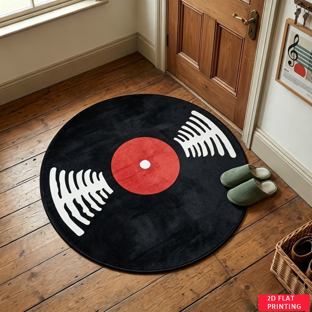 Audio Vibes Music - พรมทรงกลมลายแผ่นเสียงไวนิลสีดำสไตล์เรโทร พร้อมป้ายแดงและร่องสีขาว เหมาะสำหรับห้องดนตรีหรือทางเข้า ให้บรรยากาศคลาสสิกแบบพรมสำหรับเครื่องเสียง
