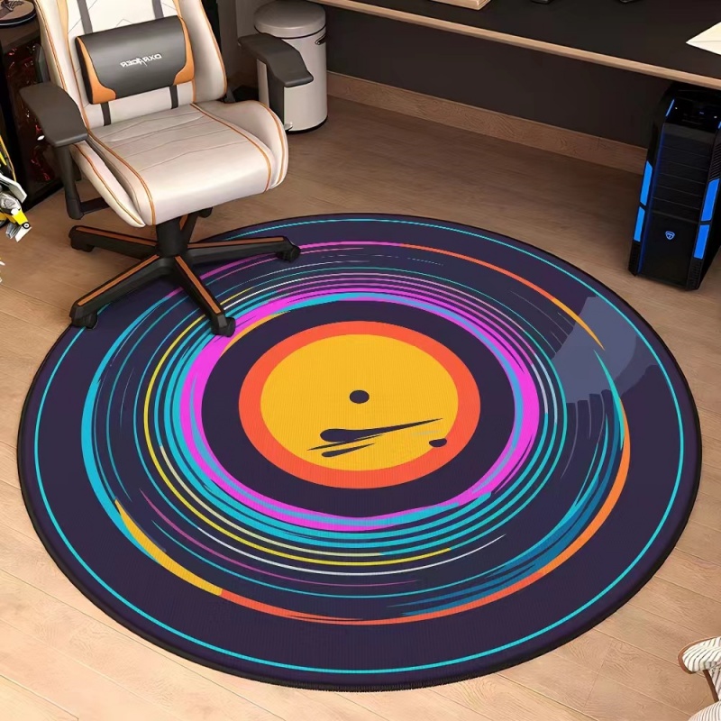 Audio Vibes Music - พรมเช็ดเท้าทรงกลมพร้อมดนตรี - ลวดลายธีมเกี่ยวกับแผ่นเสียง ไมโครโฟน ร็อกแอนด์โรล สำหรับตกแต่งห้องเกม