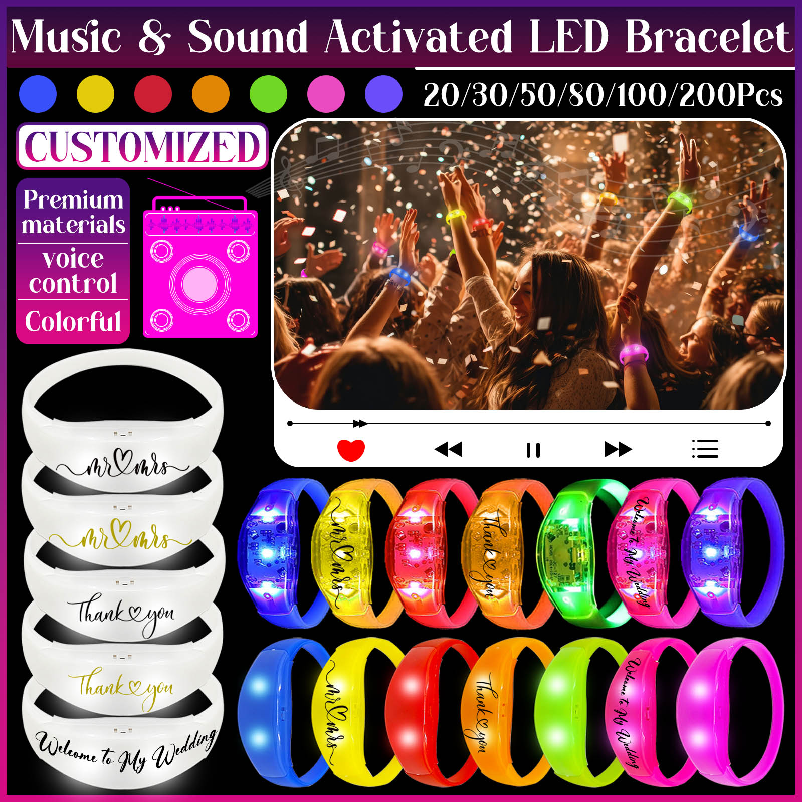 กำไลข้อมือ LED 20-200 ชิ้น กระ - Audio Music Light บทวิจารณ์และราคา